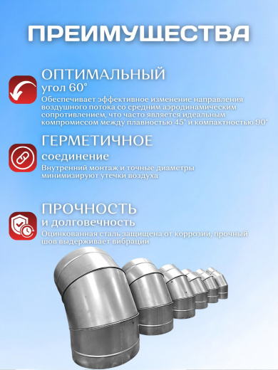 Отвод для воздуховодов 100мм, 60 градусов, отвод вентиляционный, круглый, оцинкованная сталь