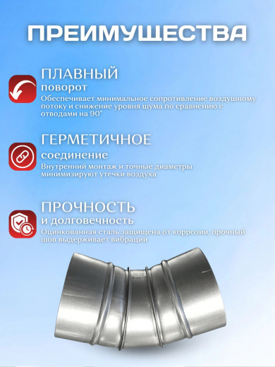 Отвод для воздуховодов 250мм, 45 градусов, отвод вентиляционный, круглый, оцинкованная сталь